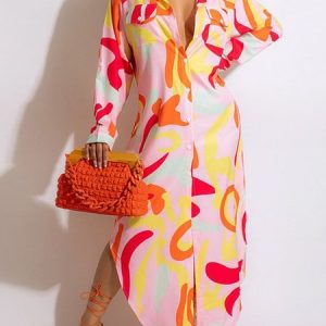 Regular Fit Casual Shirt Collar Dress, Maxi Dresses, color:As Picture|size:XXL, Stylewe