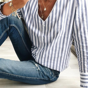 Striped V Neck Loose Casual Blouse, Shirts, color:Blue|size:XS, Noracora