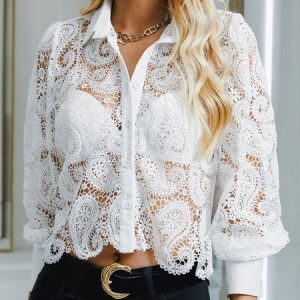 Shirt Collar Elegant Regular Fit Plain Blouse, Blouses and Shirts, color:White|size:XS, Stylewe
