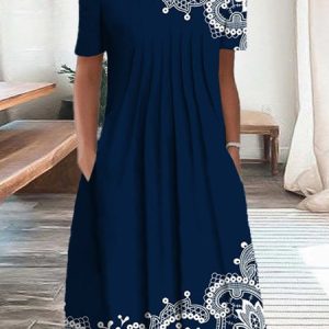 Loose Paisley Vintage Crew Neck Dress With No, Dresses, color:Dark Blue|size:XXL, JustFashionNow