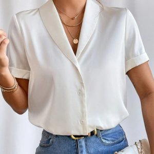 Plain Simple Shawl Collar Loose Blouse, Shirts & Blouses, color:White|size:XXL, JustFashionNow
