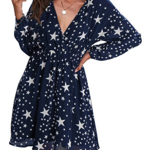 Women Star Pattern Boho V Neck A-Line Dress Casual Resort Clothing, Dresses, color:Blue|size:XXL, JustFashionNow