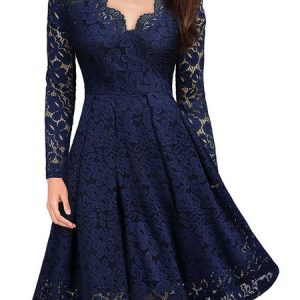 Women Plain V Neck Long Sleeve Comfy Casual Lace Midi Dress, Dresses, color:Dark_blue|size:3XL, Noracora