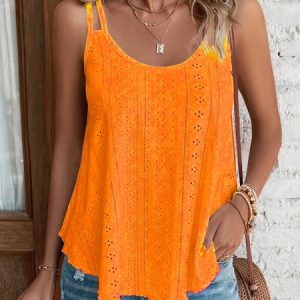 Plain Solid Eyelet Embroidery Cami  Casual Cami, Tanks & Camis, color:Orange Red|size:XXL, JustFashionNow