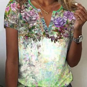 Plus Size Loose Casual Floral Jersey T-Shirt, T-Shirts, color:Green|size:4X, JustFashionNow
