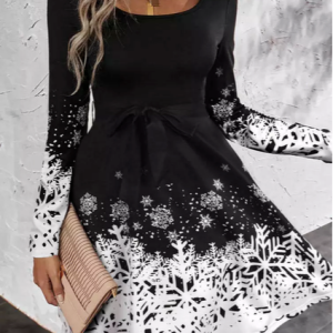 Snowflake Crew Neck Casual Cotton-Blend Dress, Dresses, color:Black|size:XXL, JustFashionNow