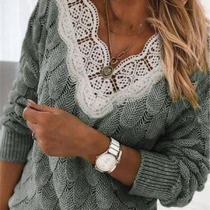 Knitted Long Sleeve Paneled Sweater, Sweaters, color:Gray|size:XXL, JustFashionNow