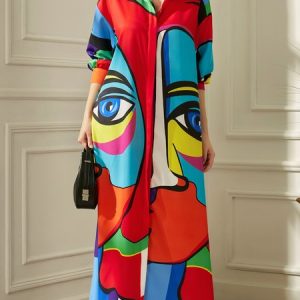 Loose Abstract Shirt Collar Casual Dress, Dresses, color:Multicolor|size:XXL, Stylewe