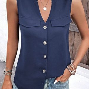 Plain Loose Notched Casual Tank Top, Tanks & Camis, color:Navy Blue|size:XXL, JustFashionNow