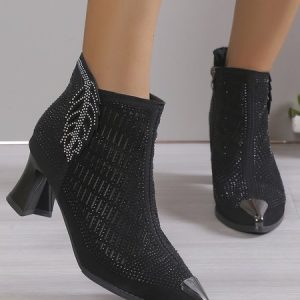 Leaf Rhinestone Hollow Out Chunky Heel Fashion Dress Boots, Boots, color:Black|size:43, JustFashionNow