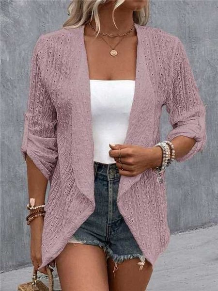 Plain Hollow Out Casual Jacket, Cardigans, color:Pink|size:XXL, JustFashionNow