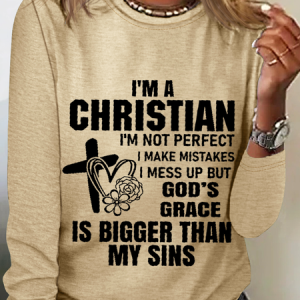 Women’s I'm A Christian Simple Cotton-Blend Shirt, color:Khaki|size:3XL, Lilicloth.com