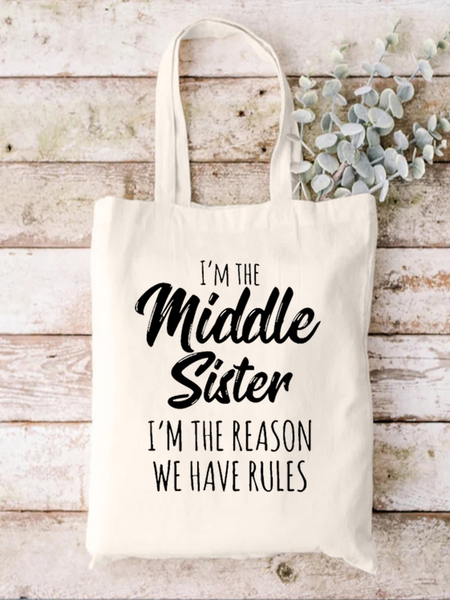 I'm The Middle Sister Family Text Letters Casual Shopping Tote Bag, color:White|size:One-size, Lilicloth.com