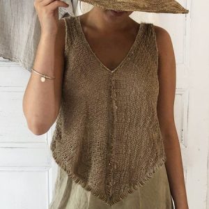 V Neck Cotton And Linen Linen Tank Top, Tanks & Camis, color:Khaki|size:XXL, JustFashionNow