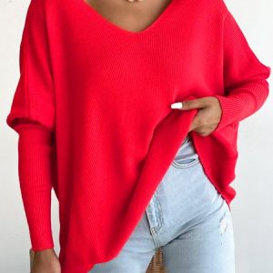 Women Christmas Red V Neck Plain Loose Dolman Sleeves Designed T-Shirt, T-Shirts, color:Red|size:XXL, JustFashionNow