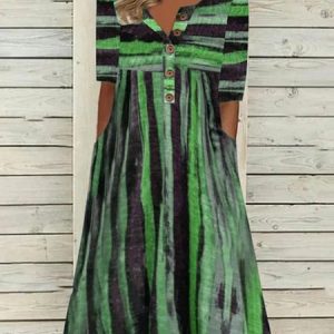 Striped Buttoned Casual Half Sleeve Crew Neck Loose Dress, Midi Dresses, Roselinlin - Online Catalog