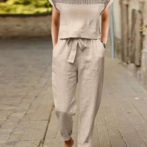 Crew Neck Casual Plain Patchwork Lace Two-Piece Set, Suit Set, color:Khaki|size:XXL, JustFashionNow