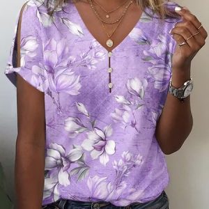 V Neck Cotton Casual Loose T-Shirt, T-shirts, color:Purple|size:XXL, Noracora