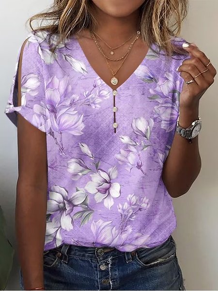 V Neck Cotton Casual Loose T-Shirt, T-Shirts, color:Purple|size:XXL, JustFashionNow