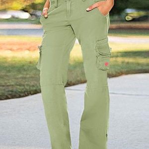 Plain Loose Casual Double Button Flap Pocket Low Rise Pants, Pants, color:Green|size:XXL, JustFashionNow