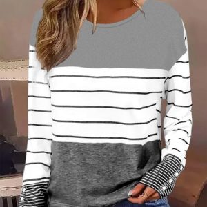 Striped Buttoned Casual T-Shirt, Long sleeves, Lilicloth.com