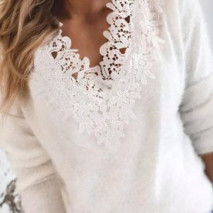 Lace Plain Wool/Knitting Casual Sweater, Sweaters, color:White|size:XXL, JustFashionNow