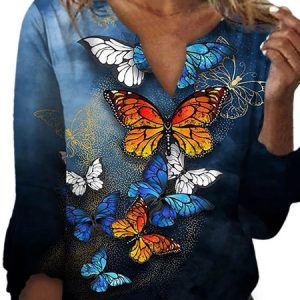 Casual Floral Notched Three Quarter Sleeve T-shirt, T-shirts, color:Color8|size:3XL, Noracora