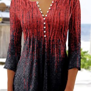 Abstract Gradient Printed 3 / 4 Sleeve Top, Shirts & Blouses, color:Black-red|size:XXL, JustFashionNow