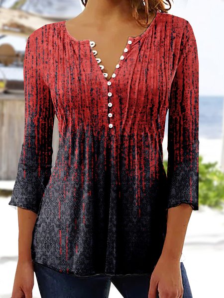 Abstract Gradient Printed 3 / 4 Sleeve Top, Shirts & Blouses, color:Black-red|size:XXL, JustFashionNow