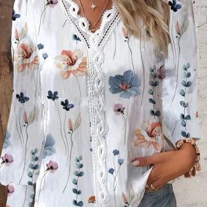 Casual V Neck Loose Floral Shirt, Shirts & Blouses, color:White|size:XXL, JustFashionNow