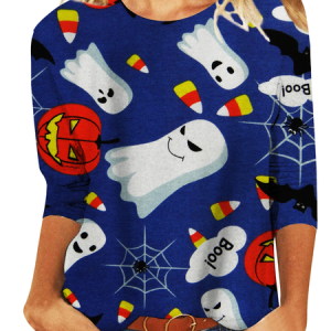 Casual Abstract Crew Neck Long Sleeve T-shirt, T-shirts, color:Blue Purple|size:XXL, Noracora