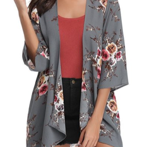 Three Quarter Sleeve Floral Regular Micro-Elasticity Loose Kimono For Women 2023, Kimono, color:Gray|size:XXL, Noracora