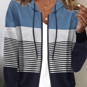 Hoodie Long Sleeve Striped Zipper Regular Medium Elasticity Loose Hooded Jacket For Women, Jackets, color:Blue|size:XXL, catalog Noracora shop