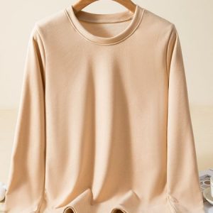 Casual Plain Crew Neck Long Sleeve T-shirt, T-shirts, color:Nude|size:XXL, Noracora