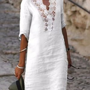 Loose Plain V Neck Linen Summer Dress, Dresses, color:White|size:XXL, JustFashionNow
