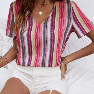 Casual Striped V Neck Short Sleeve T-shirt, T-shirts, color:Red|size:XL, Noracora