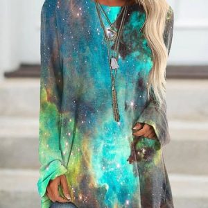 Urban Casual Gradient Starry Sky Pattern Long Sleeve T-Shirt Everyday Women's Clothing, T-Shirts, color:As Picture|size:3XL, JustFashionNow