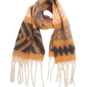 Yarn Herringbone Grotesque Color Contrast Pattern Tassel Scarf, Women Scarves & Shawls, color:Camel|size:One-size, JustFashionNow