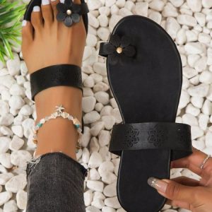 Black Three-dimensional Flower Set Toe Ring Beach Slippers, Sandals & Slippers, color:Black|size:43, JustFashionNow