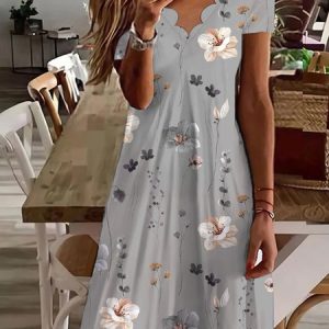 Casual V Neck Floral Regular Fit Dress, Dresses, color:Gray|size:XXL, JustFashionNow