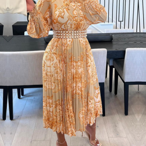 Regular Fit Half Turtleneck Long sleeve Elegant Floral Long Dress, Maxi Dresses, color:Light Orange|size:XXL, Stylewe