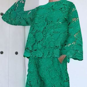 Lace Crew Neck Elegant Plain Shirt, Blouses and Shirts, color:Green|size:XXL, Stylewe