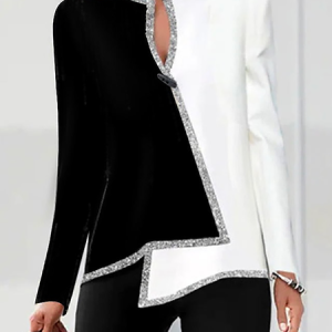 Notched Loose Long sleeve Tunic Top, Blouses, color:Black-white|size:XXL, Noracora