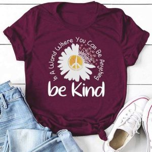 Women's Be Kind Daisy Floral Cotton Blends Casual T-shirt, color:Wine Red|size:3XL, Lilicloth.com