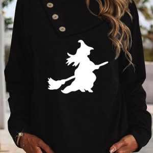 Shawl Collar Long Sleeve Halloween Buckle Regular Micro-Elasticity Loose TUNIC Shirt For Women, Blouses, color:Black|size:XXL, Noracora