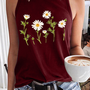 Women's Cute Wildflower Casual Daisy Crew Neck Tank Top, color:Red|size:3XL, Lilicloth.com