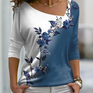 Contrast Floral Design Long Sleeve T-Shirt, T-Shirts, color:Blue|size:XXL, JustFashionNow