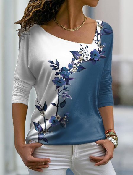 Women's Contrast Floral Loose Printed Sweatshirt Long Sleeve, T-Shirts, color:Blue|size:3XL, JustFashionNow