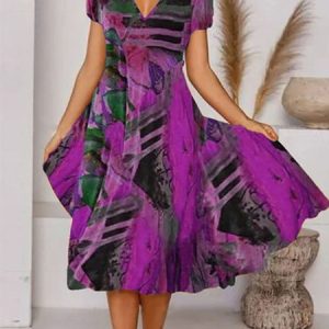 Women's vacation dress Tropical Print Casual Floral Vacation V Neck Midi Hawaiian Dress, Casual Dresses, color:Violet|size:XS, JustFashionNow