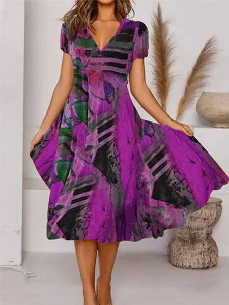 Women's vacation dress Tropical Print Casual Floral Vacation V Neck Midi Hawaiian Dress, Casual Dresses, color:Violet|size:XS, JustFashionNow